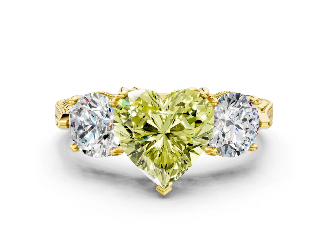 Yellow gold Three-Stone Fancy Yellow Heart Cut Cut Milgrain Band Prong Setting Ring_6
