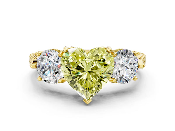 Yellow Gold Heart-Shaped Vintage Three Stone Engagement Ring Setting for Fancy Yellow Center