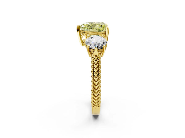 Yellow Gold Heart-Shaped Vintage Three Stone Engagement Ring Setting for Fancy Yellow Center