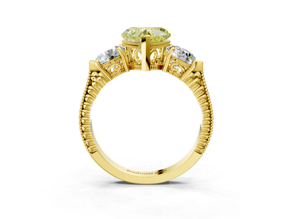 Yellow Gold Heart-Shaped Vintage Three Stone Engagement Ring Setting for Fancy Yellow Center