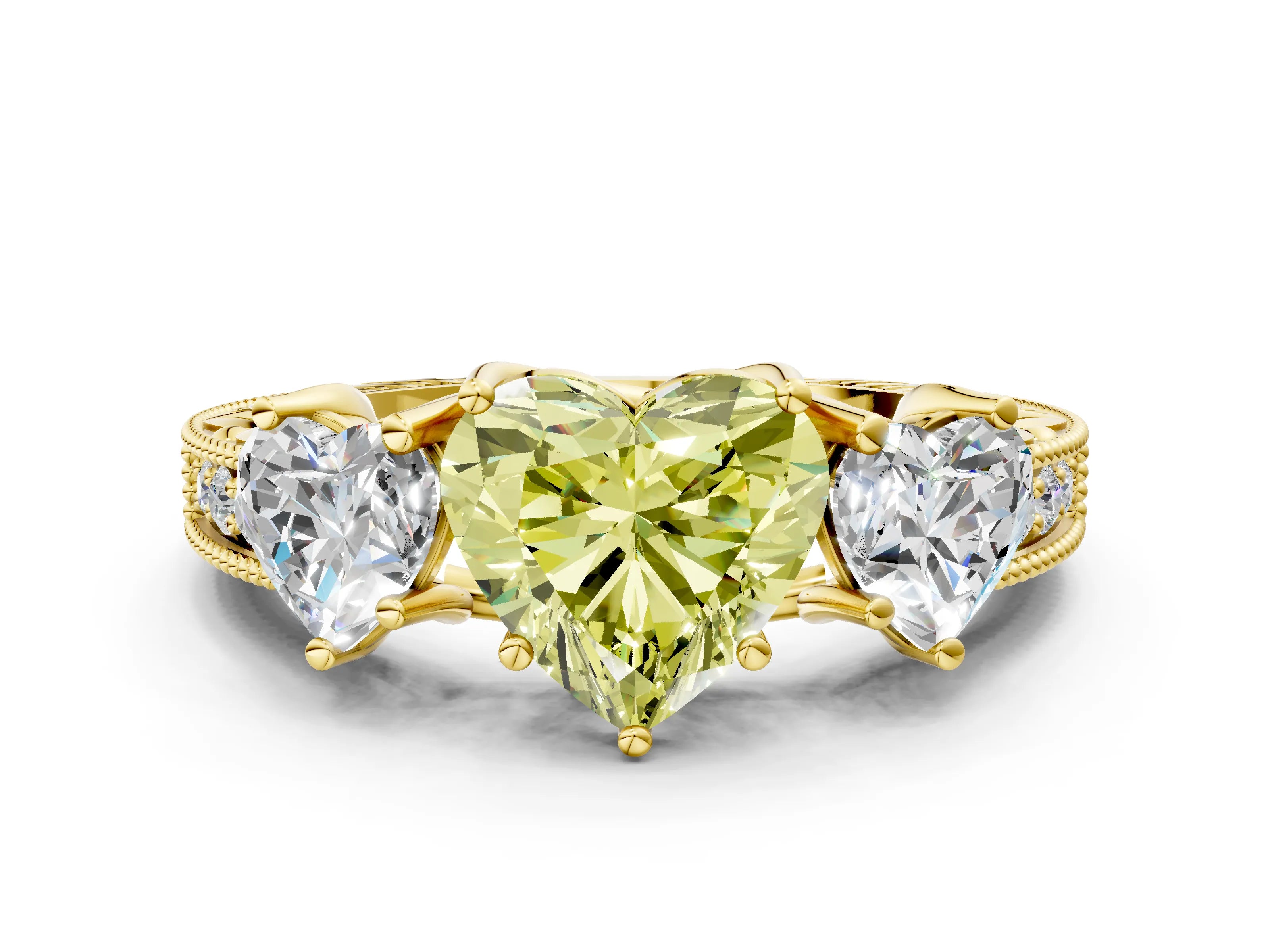 Yellow gold Three-Stone Fancy Yellow Heart Cut Cut Milgrain Pavé Engagement Ring