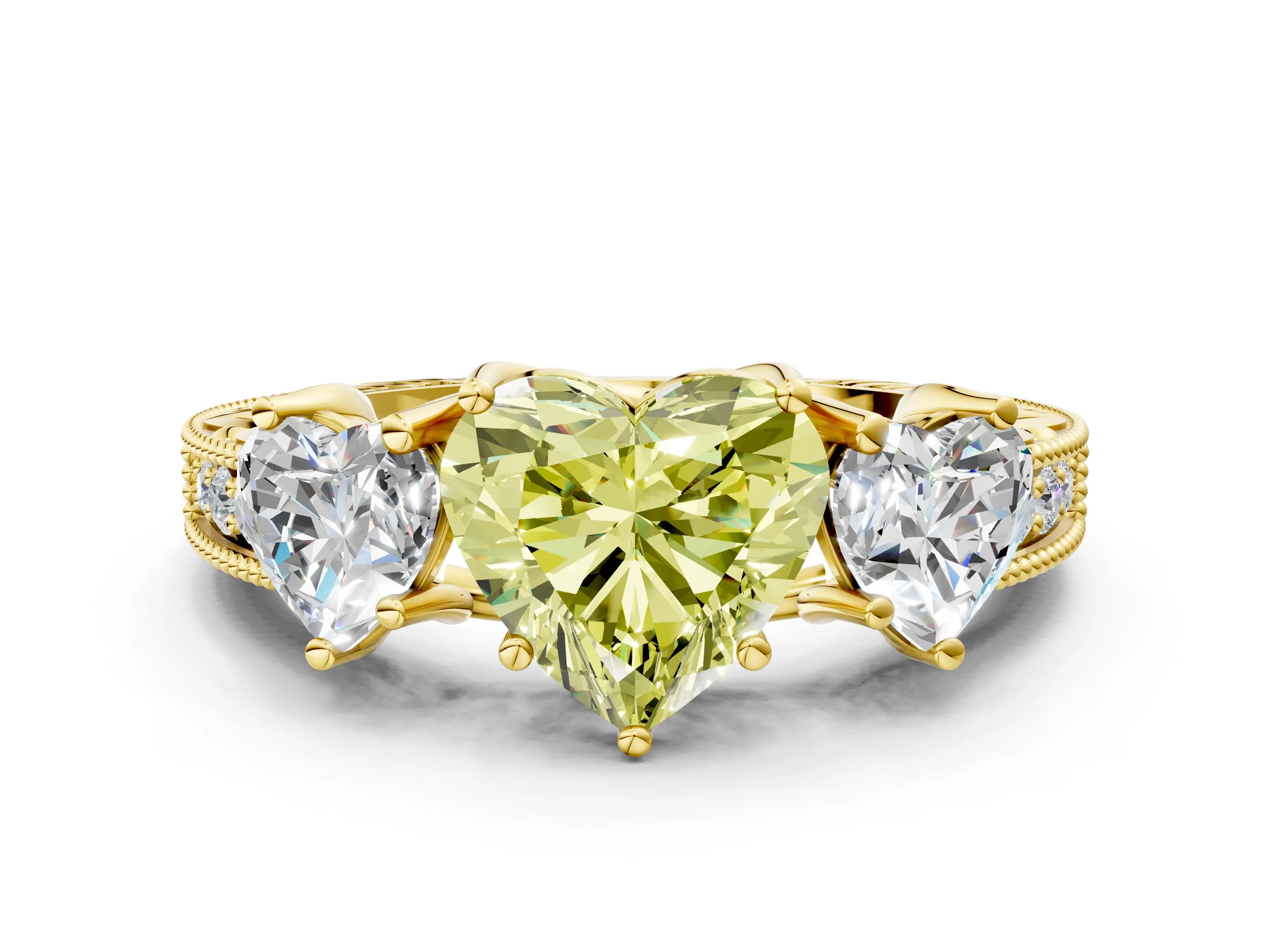 Yellow gold Three-Stone Fancy Yellow Heart Cut Cut Milgrain Pavé Engagement Ring_12