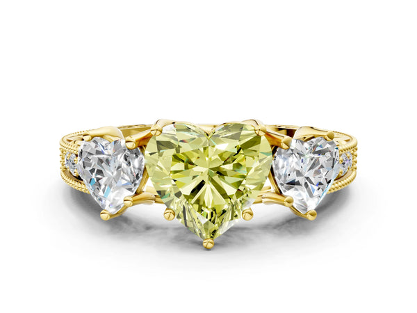 Yellow Gold Heart-Shaped Engraved Three Stone Engagement Ring Setting for Fancy Yellow Center
