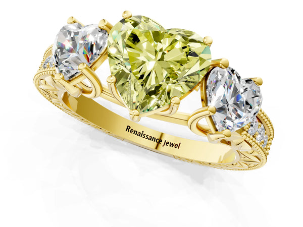 Yellow Gold Heart-Shaped Engraved Three Stone Engagement Ring Setting for Fancy Yellow Center