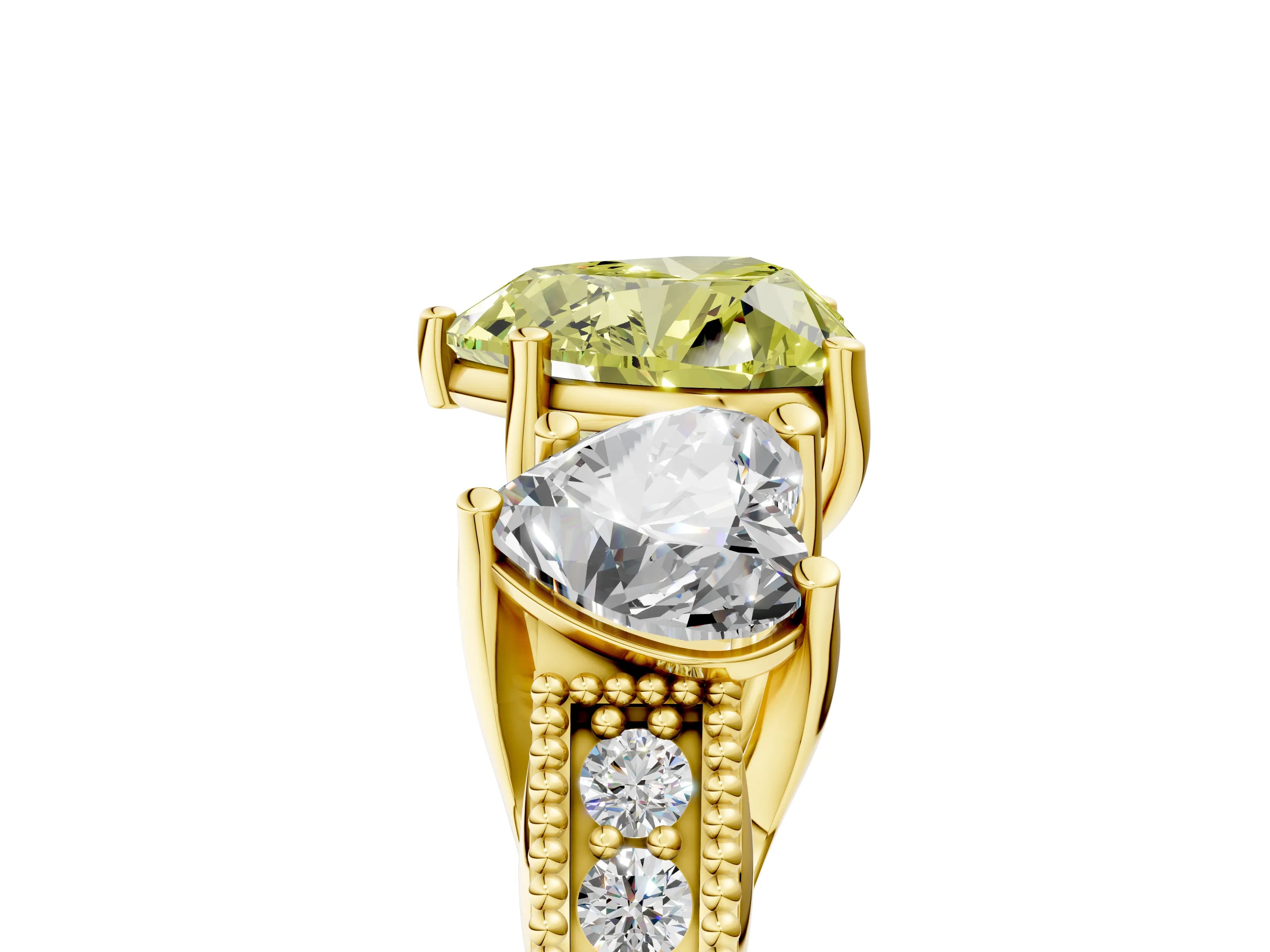 Yellow gold Three-Stone Fancy Yellow Heart Cut Cut Milgrain Pavé Engagement Ring_17