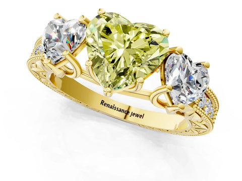 Yellow gold Three-Stone Fancy Yellow Heart Cut Cut Milgrain Pavé Engagement Ring_1