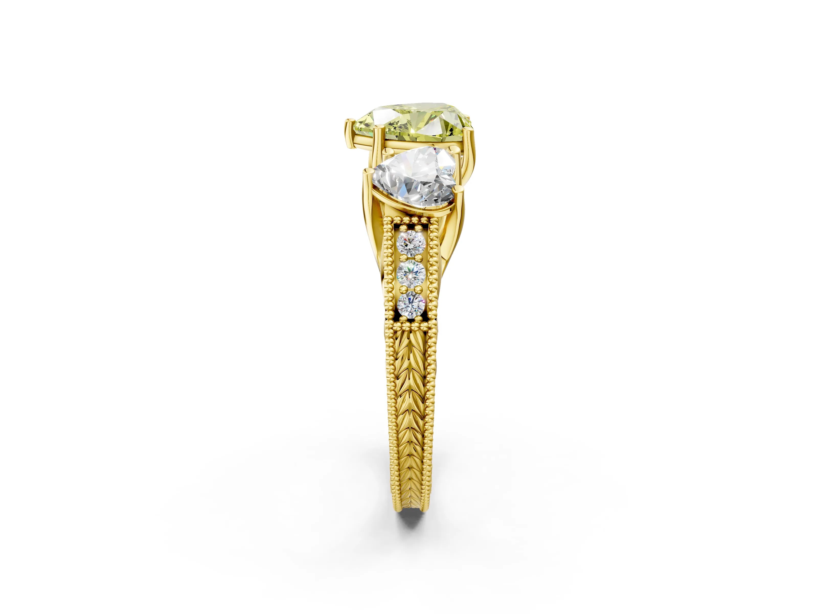 Yellow gold Three-Stone Fancy Yellow Heart Cut Cut Milgrain Pavé Engagement Ring_2