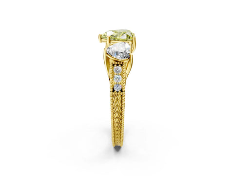 Yellow gold Three-Stone Fancy Yellow Heart Cut Cut Milgrain Pavé Engagement Ring_2