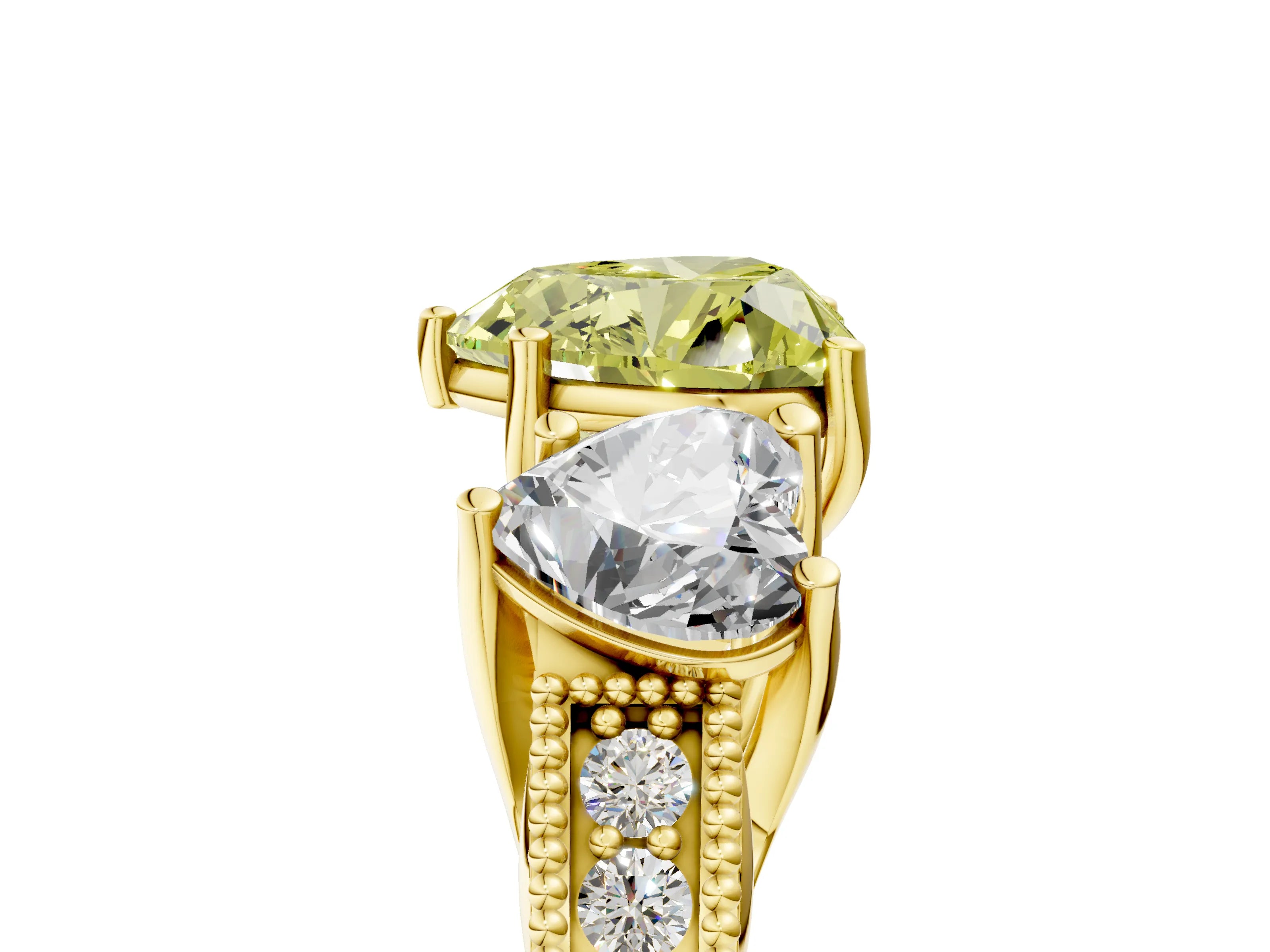 Yellow gold Three-Stone Fancy Yellow Heart Cut Cut Milgrain Pavé Engagement Ring_5