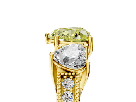 Yellow gold Three-Stone Fancy Yellow Heart Cut Cut Milgrain Pavé Engagement Ring_5