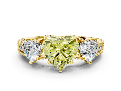 Yellow gold Three-Stone Fancy Yellow Heart Cut Cut Milgrain Pavé Engagement Ring
