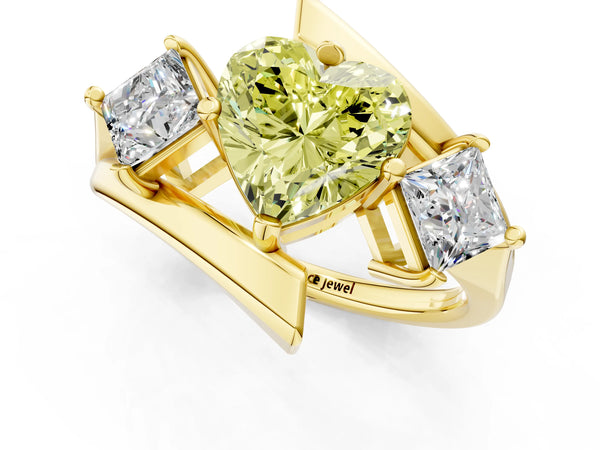 Yellow gold Three-Stone Fancy Yellow Heart Cut Cut Tension Band Ring with Four-Prong Setting