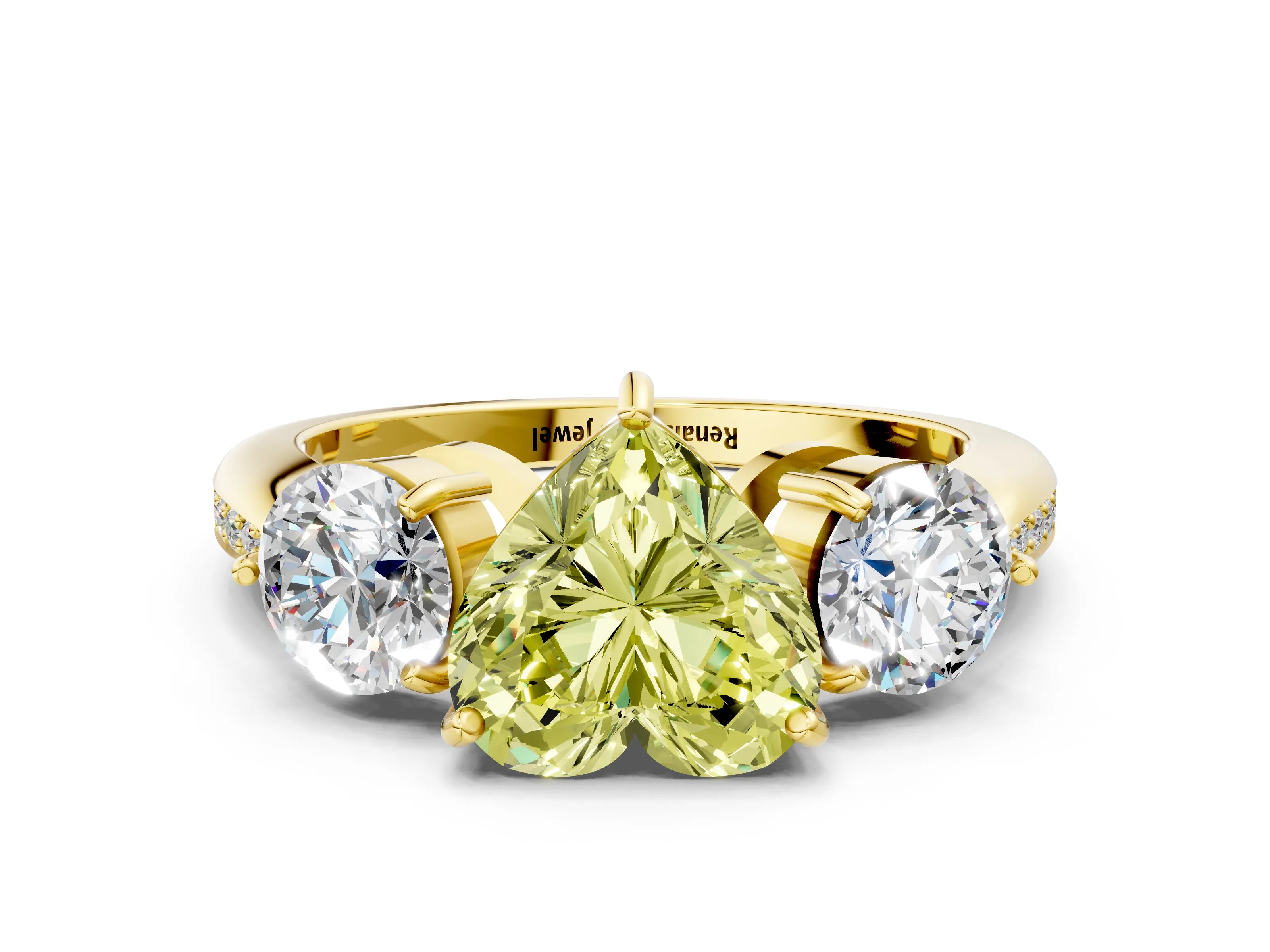 Yellow gold Three-Stone Fancy Yellow Heart Cut Diamond Channel Set Engagement Ring with Prong Setting_12