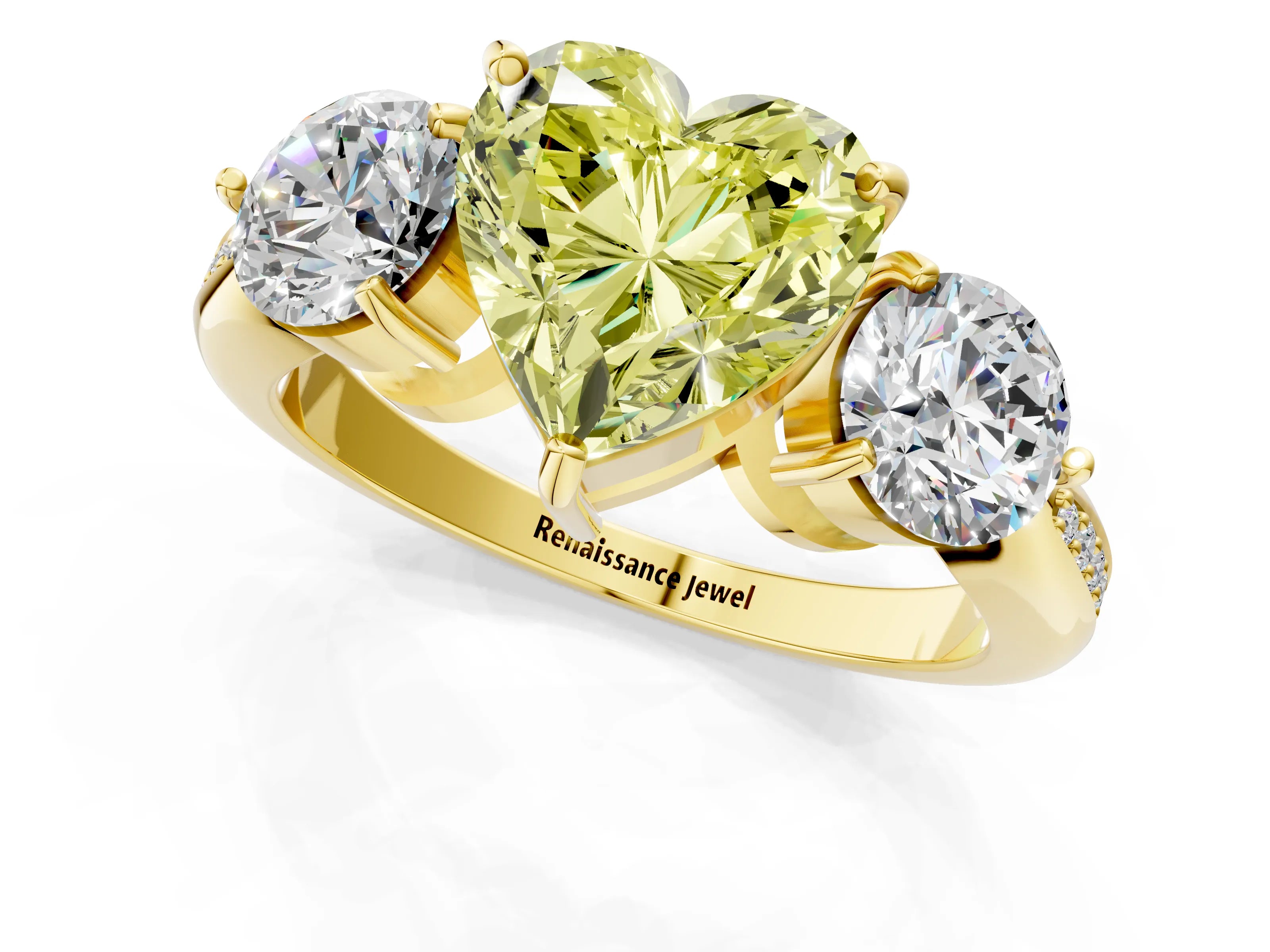 Yellow gold Three-Stone Fancy Yellow Heart Cut Diamond Channel Set Engagement Ring with Prong Setting_13