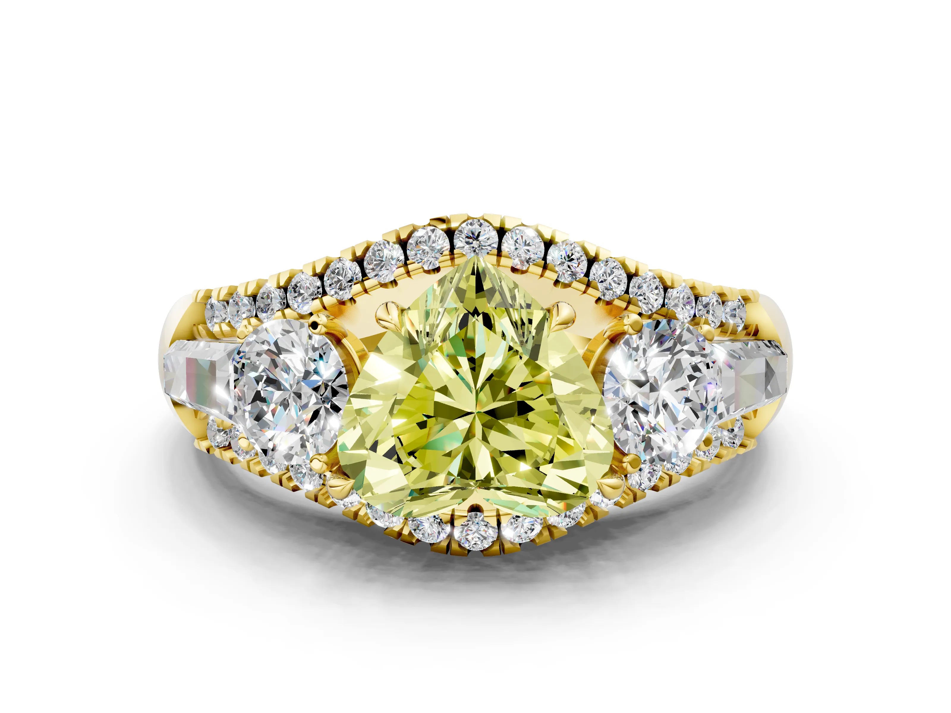 Yellow gold Three-Stone Fancy Yellow Heart Cut Diamond Engagement Ring with Pave Band and Prong Setting
