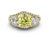 Yellow gold Three-Stone Fancy Yellow Heart Cut Diamond Engagement Ring with Pave Band and Prong Setting