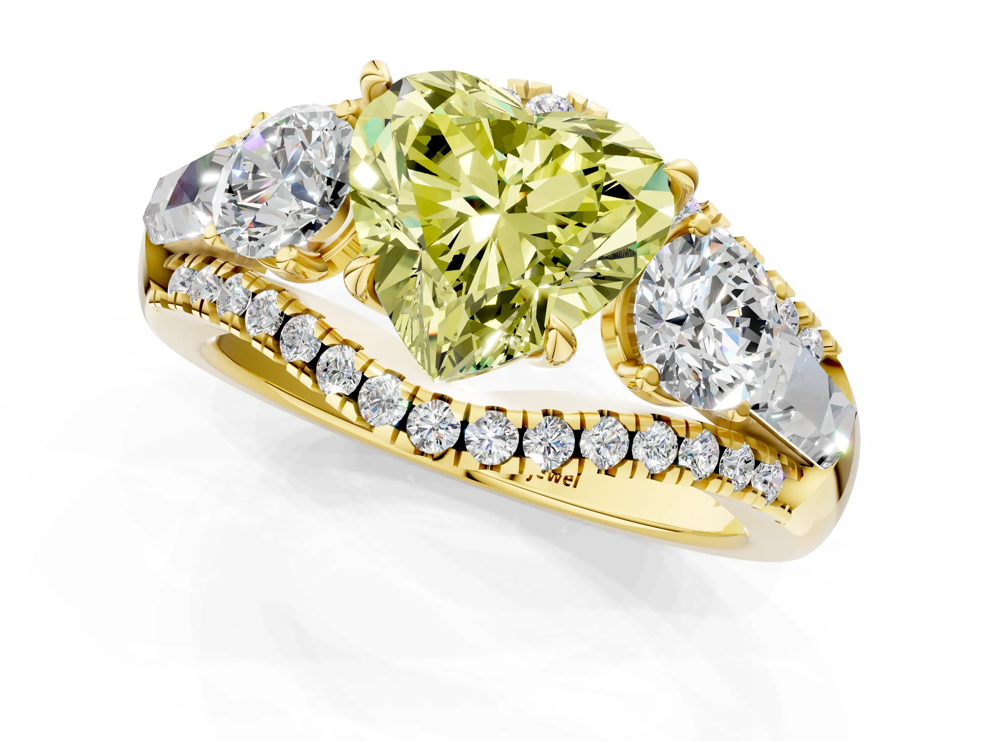 Yellow gold Three-Stone Fancy Yellow Heart Cut Diamond Engagement Ring with Pave Band and Prong Setting_1