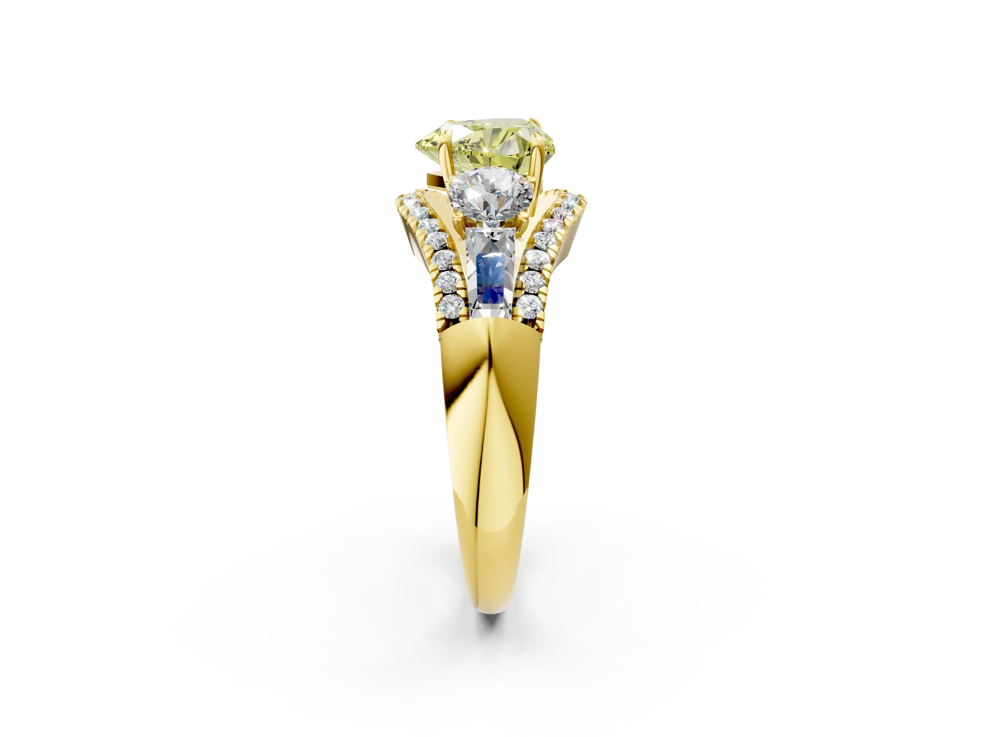 Yellow gold Three-Stone Fancy Yellow Heart Cut Diamond Engagement Ring with Pave Band and Prong Setting_2