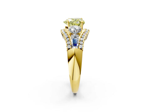 Yellow gold Three-Stone Fancy Yellow Heart Cut Diamond Engagement Ring with Pave Band and Prong Setting_2