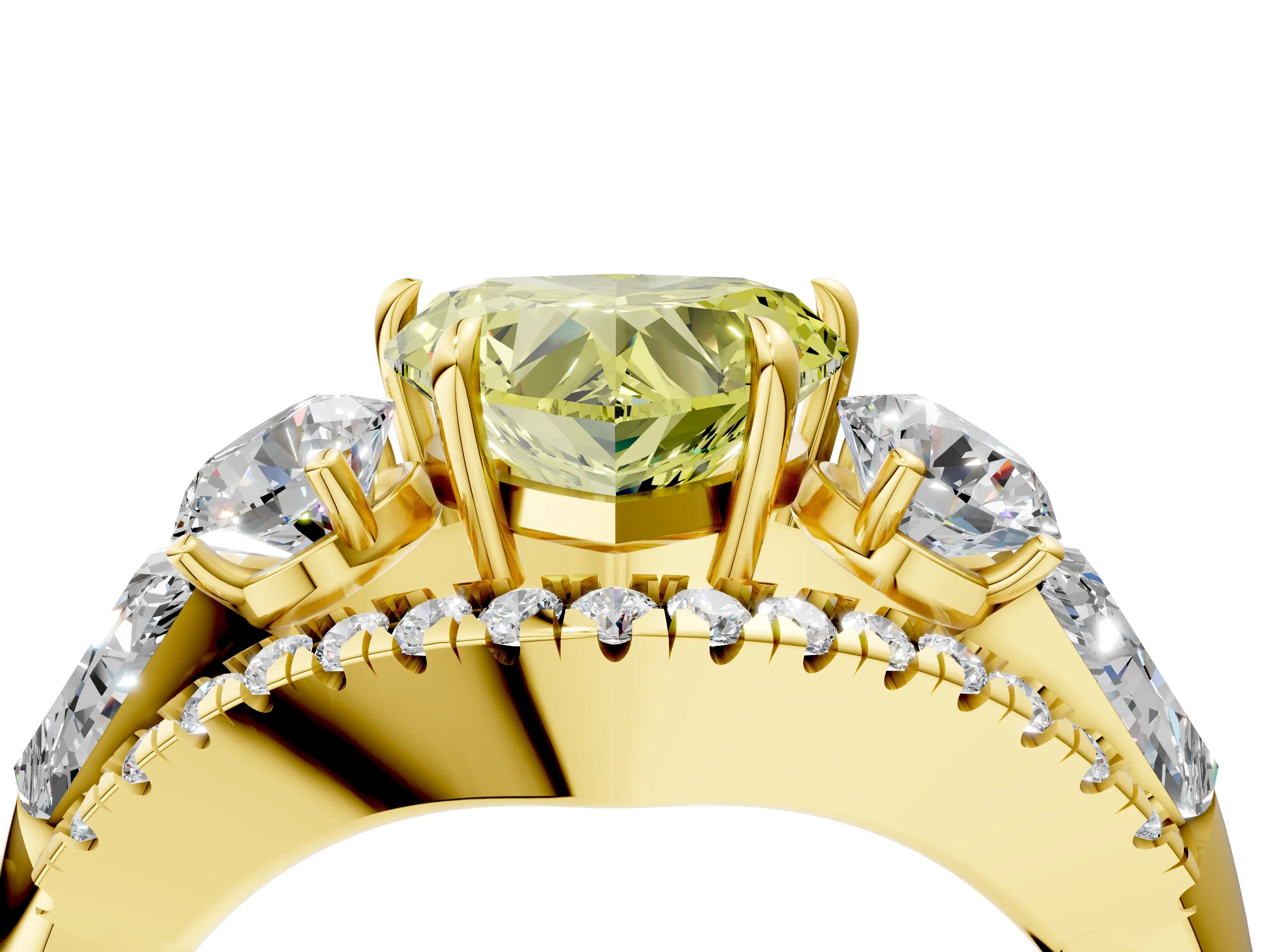 Yellow gold Three-Stone Fancy Yellow Heart Cut Diamond Engagement Ring with Pave Band and Prong Setting_4