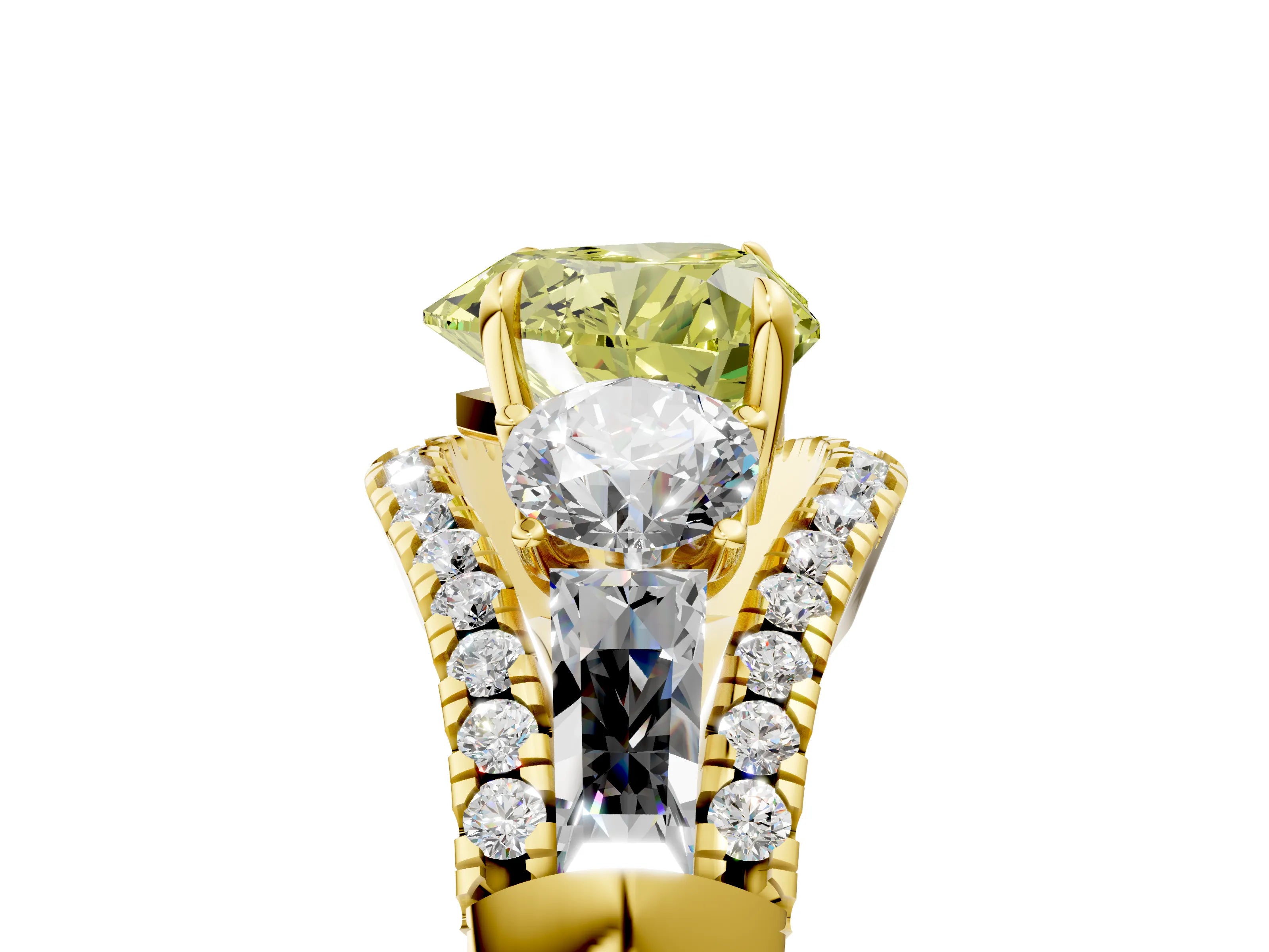 Yellow gold Three-Stone Fancy Yellow Heart Cut Diamond Engagement Ring with Pave Band and Prong Setting_5