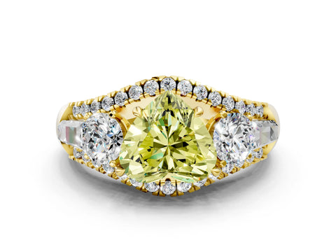 Yellow gold Three-Stone Fancy Yellow Heart Cut Diamond Engagement Ring with Pave Band and Prong Setting