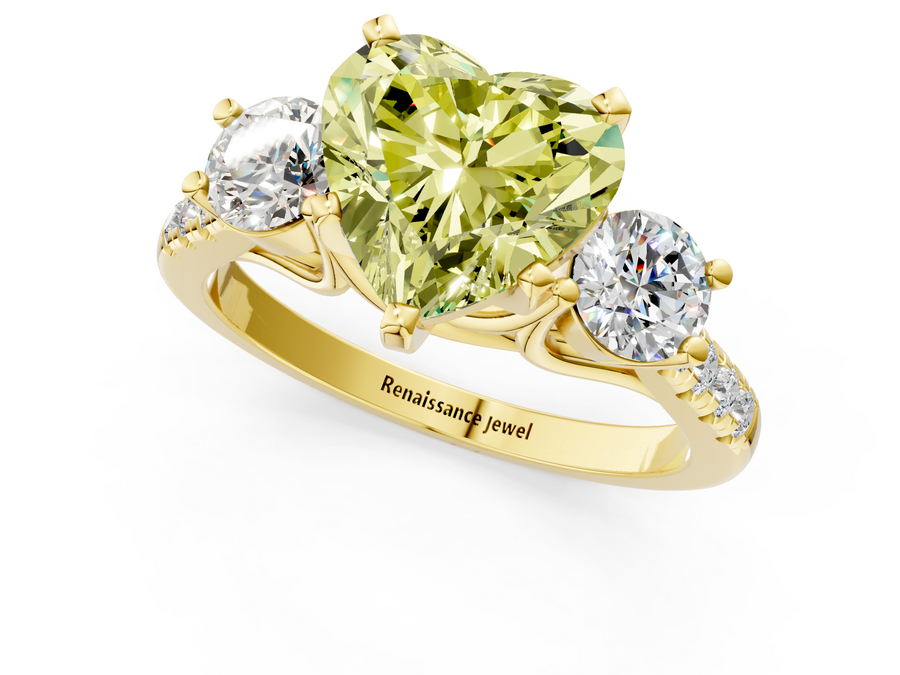 Yellow gold Three-Stone Fancy Yellow Heart Cut Diamond Pavé Band with Four-Prong Setting