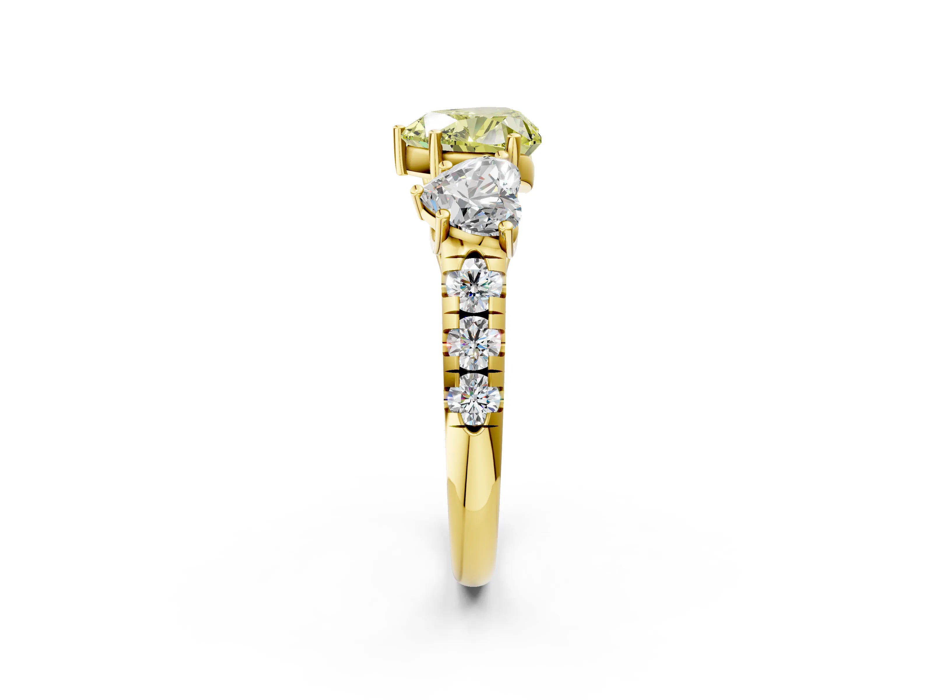 Yellow gold Three-Stone Fancy Yellow Heart Cut Diamond Pavé Band with Prong Setting_2