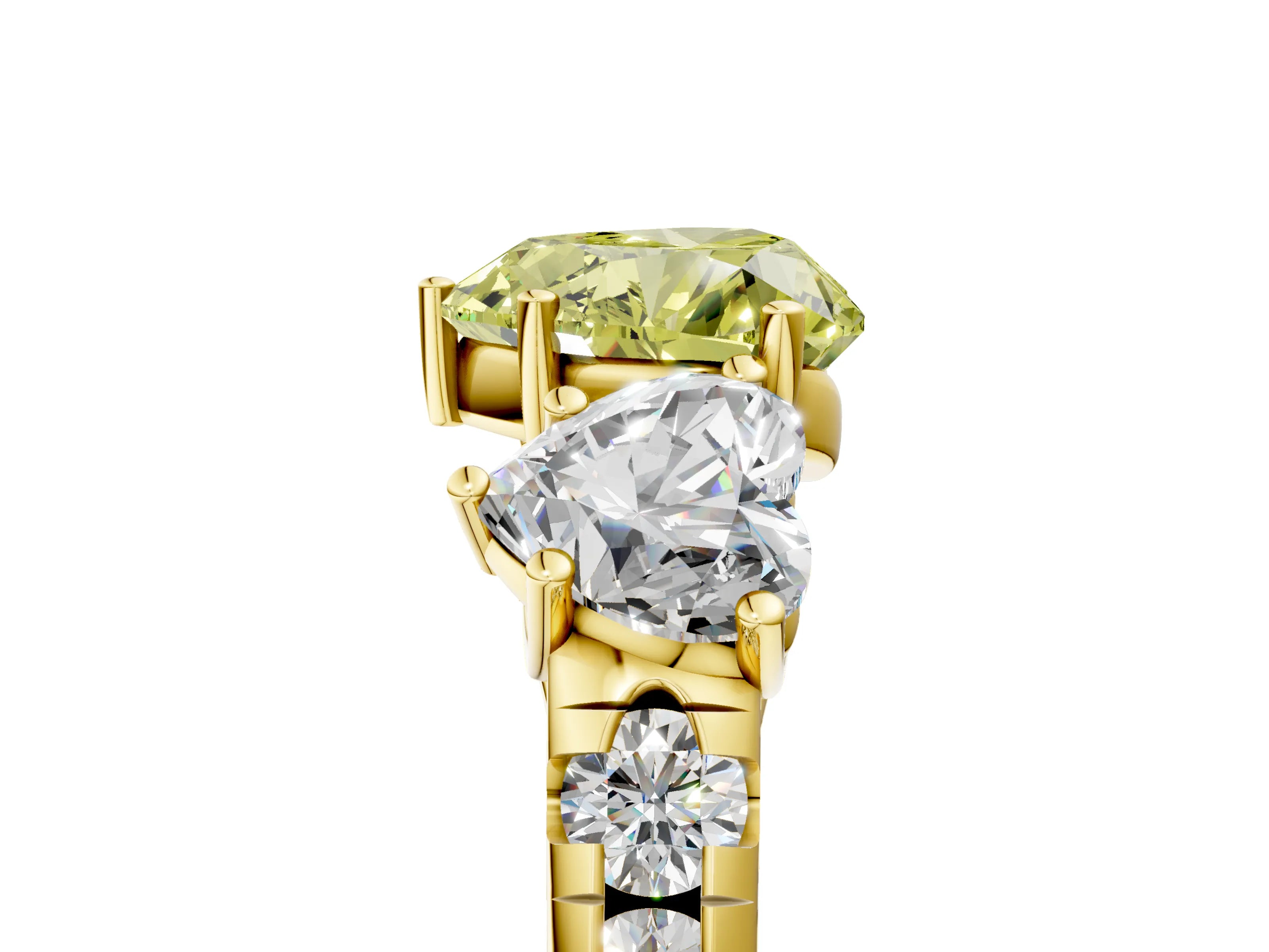 Yellow gold Three-Stone Fancy Yellow Heart Cut Diamond Pavé Band with Prong Setting_5