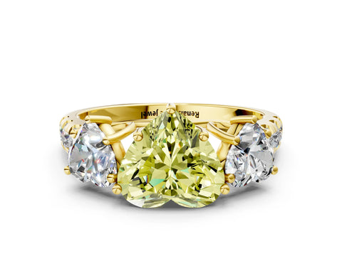 Yellow gold Three-Stone Fancy Yellow Heart Cut Diamond Pavé Band with Prong Setting