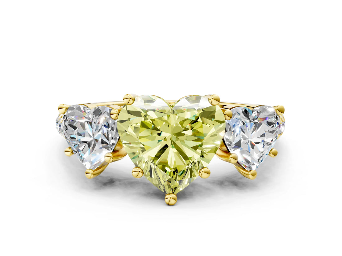 Yellow gold Three-Stone Fancy Yellow Heart Cut Diamond Ring with Pavé Band and Prong Setting_80