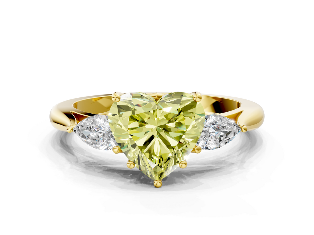 Yellow gold Three-Stone Fancy Yellow Heart  Cut Diamond Ring with Pear Side Stones in Four-Prong Setting_116