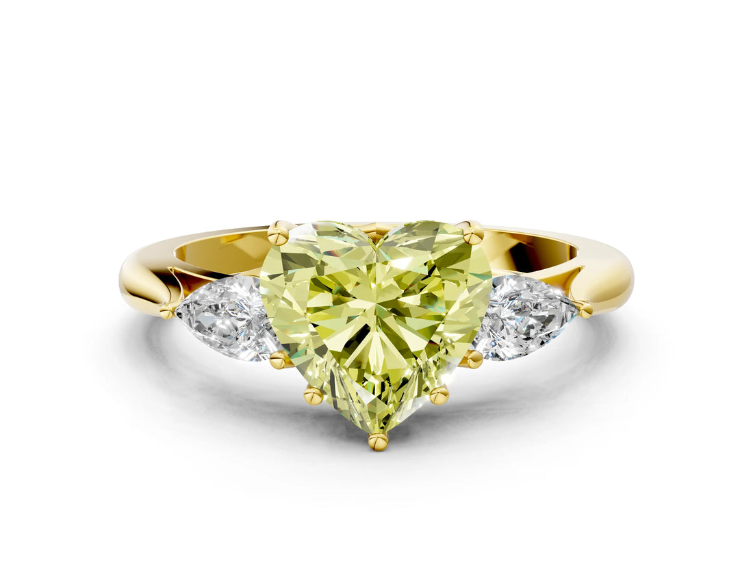 Yellow gold Three-Stone Fancy Yellow Heart Cut Diamond Ring with Pear  Side Stones in Four-Prong Setting_36