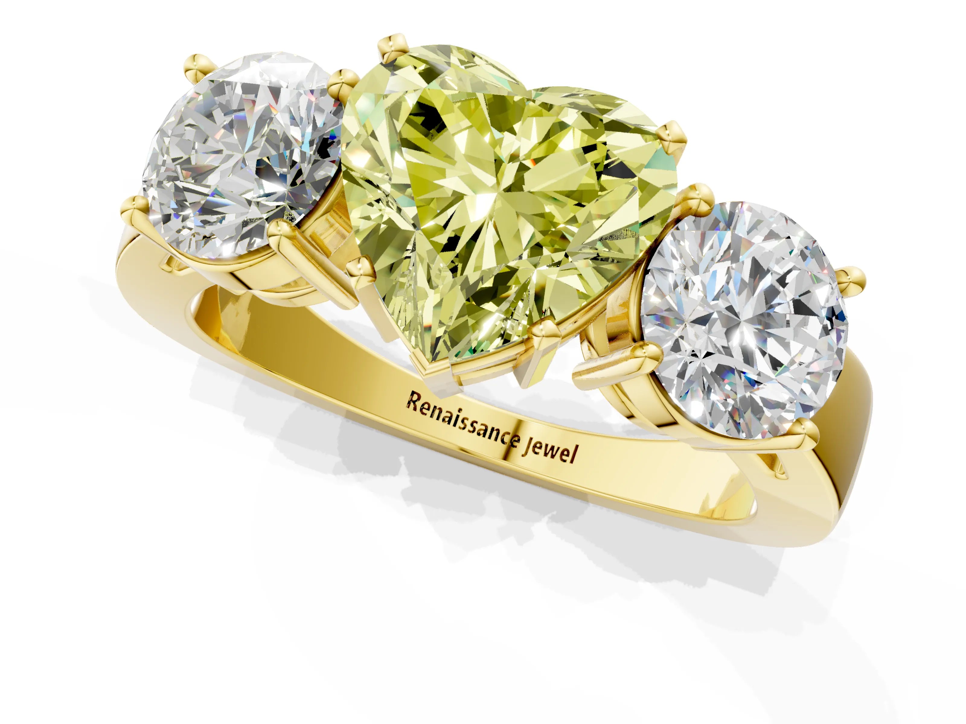 Yellow gold Three-Stone Fancy Yellow Heart Cut Diamond Ring with Round Side Stones, Classic Band, and Four-Prong Setting_1