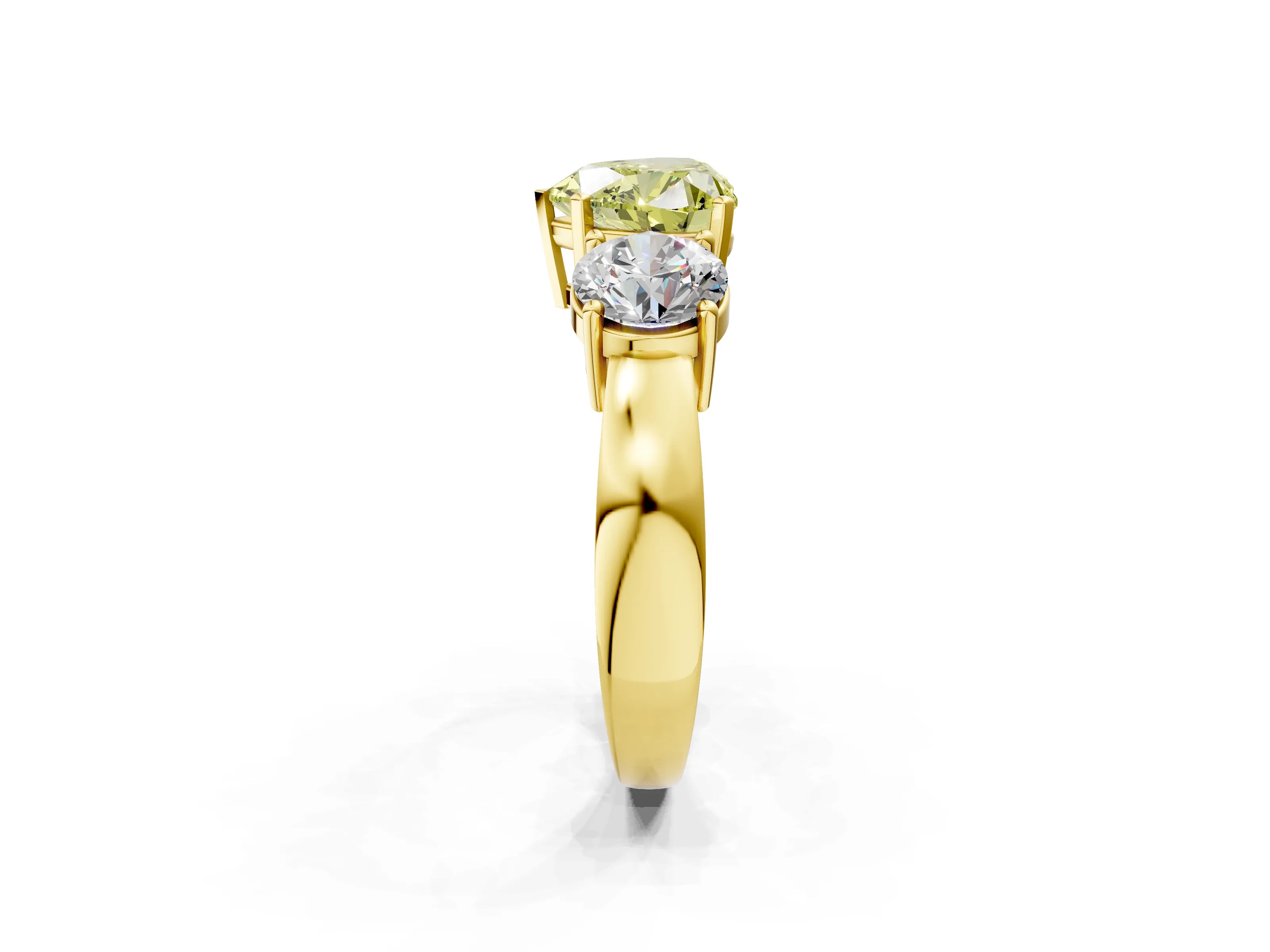 Yellow gold Three-Stone Fancy Yellow Heart Cut Diamond Ring with Round Side Stones, Classic Band, and Four-Prong Setting_2