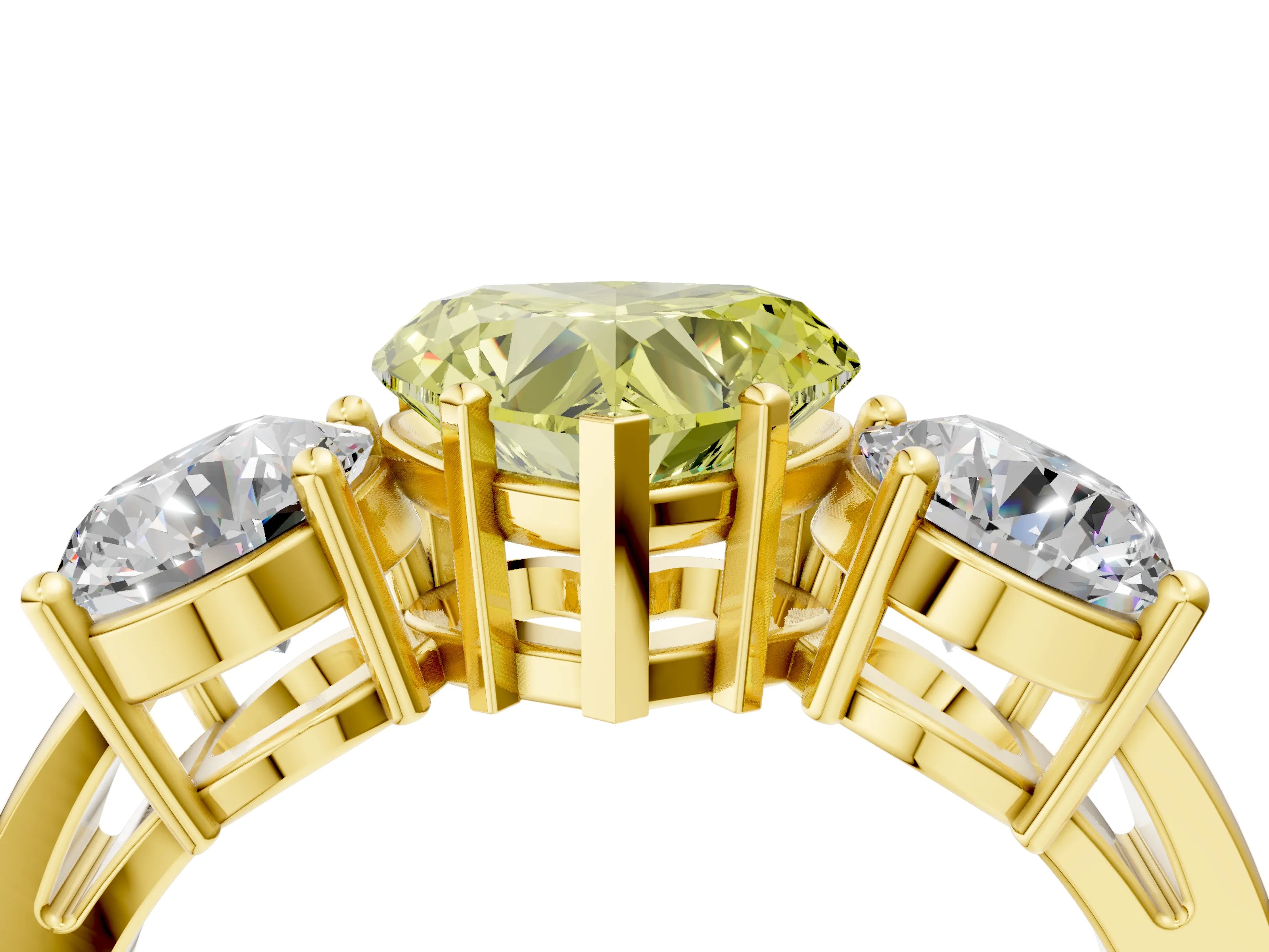 Yellow gold Three-Stone Fancy Yellow Heart Cut Diamond Ring with Round Side Stones, Classic Band, and Four-Prong Setting_4