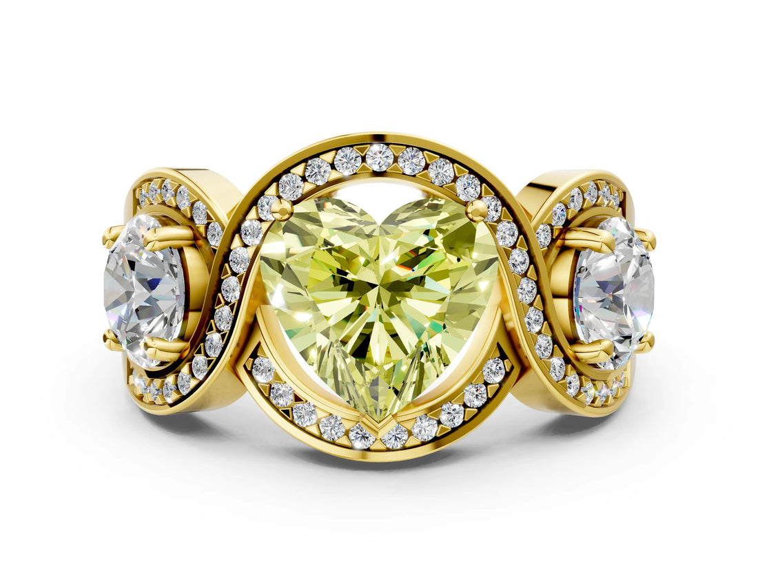 Yellow gold Three-Stone Fancy Yellow Heart Cut Diamond Wave Pave Band with Prong Setting