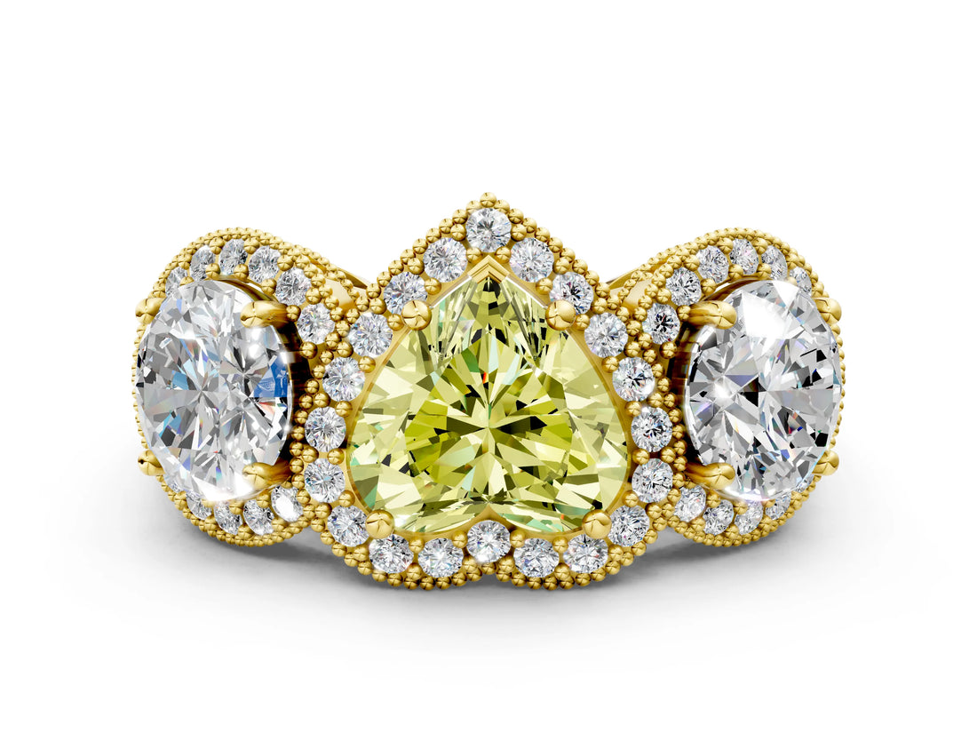 Yellow gold Three-Stone Fancy Yellow Heart Cut Halo Diamond Milgrain Band with Four-Prong Setting