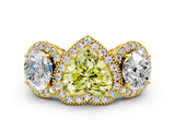 Yellow gold Three-Stone Fancy Yellow Heart Cut Halo Diamond Milgrain Band with Four-Prong Setting