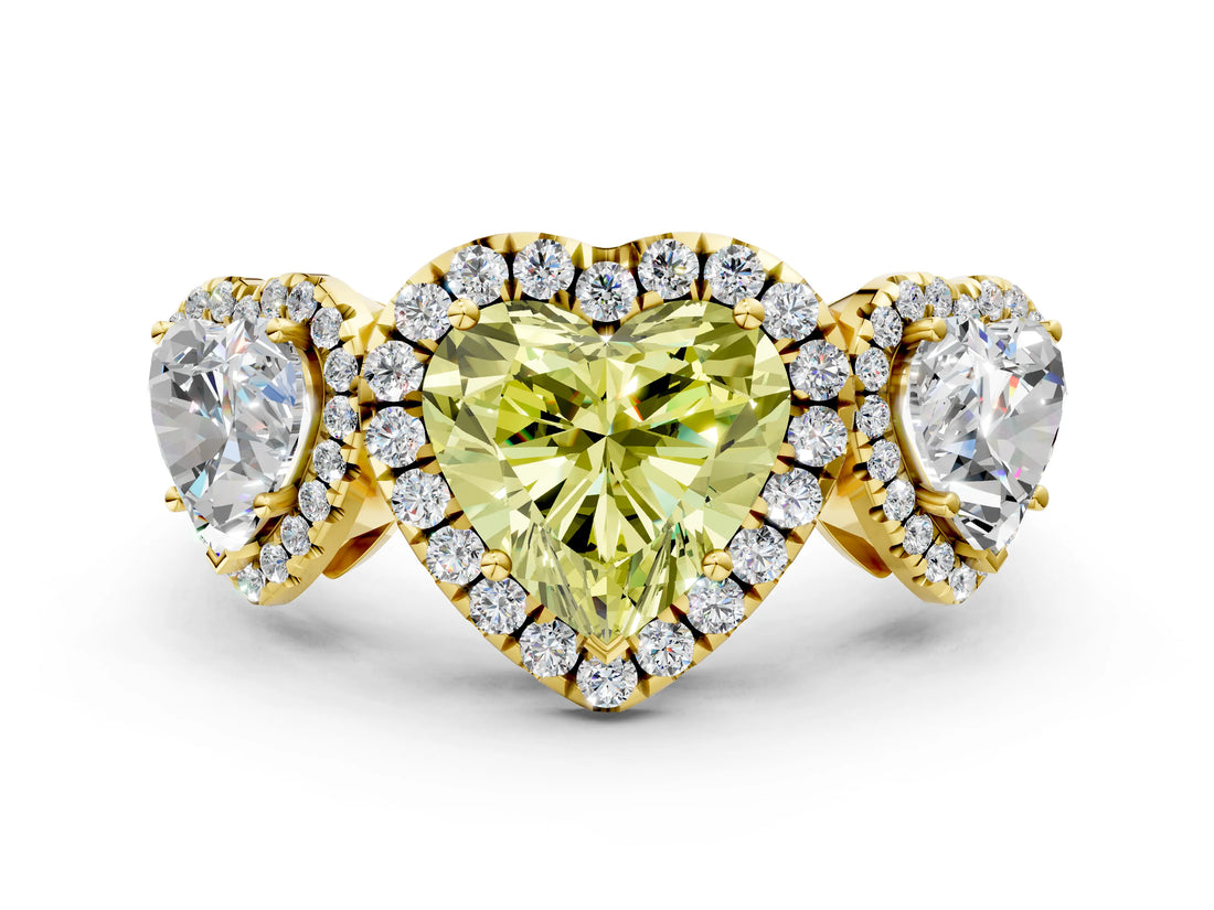 Yellow gold Three-Stone Fancy Yellow Heart Cut Halo Diamond Ring with Pave Band and Four-Prong Setting