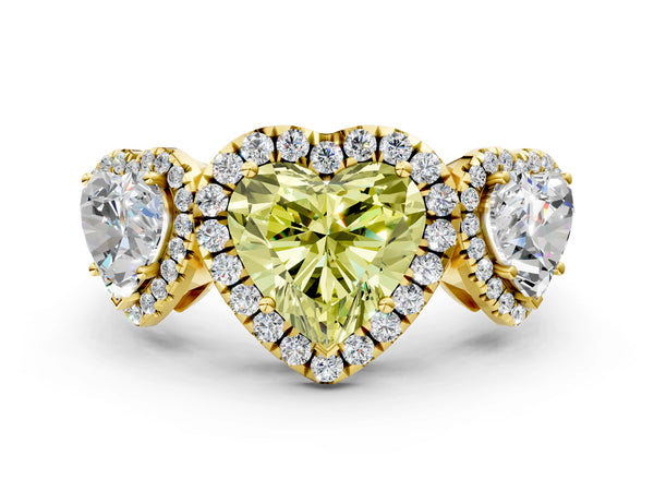 Yellow gold Three-Stone Fancy Yellow Heart Cut Halo Diamond Ring with Pave Band and Four-Prong Setting