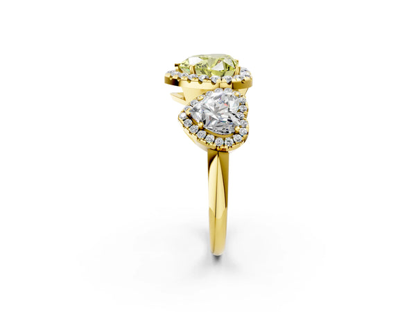 Yellow gold Three-Stone Fancy Yellow Heart Cut Halo Diamond Ring with Pave Band and Four-Prong Setting