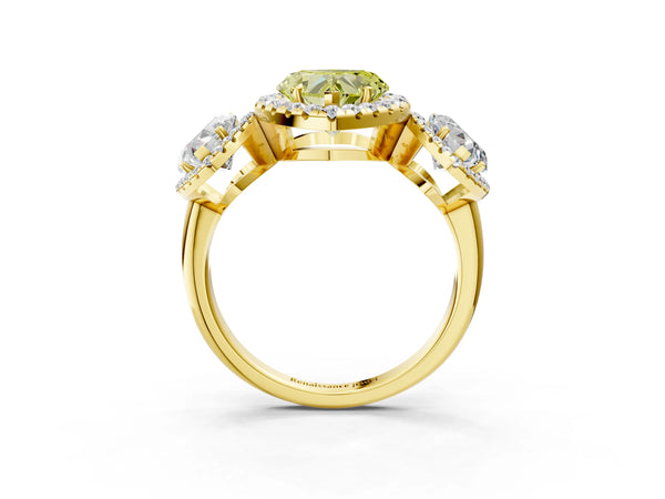 Yellow gold Three-Stone Fancy Yellow Heart Cut Halo Diamond Ring with Pave Band and Four-Prong Setting