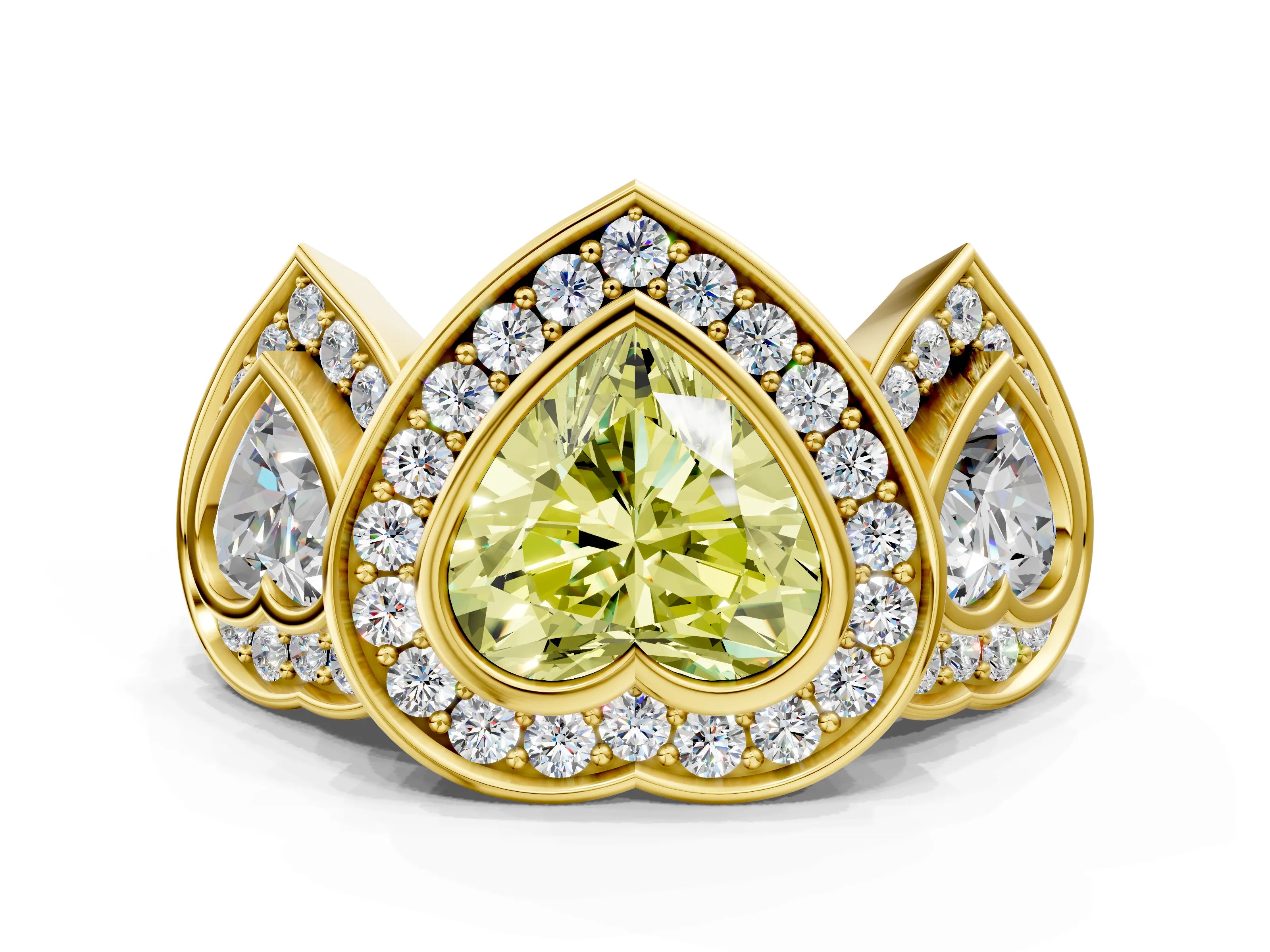 Yellow gold Three-Stone Fancy Yellow Heart Cut Halo Pavé Diamond Ring