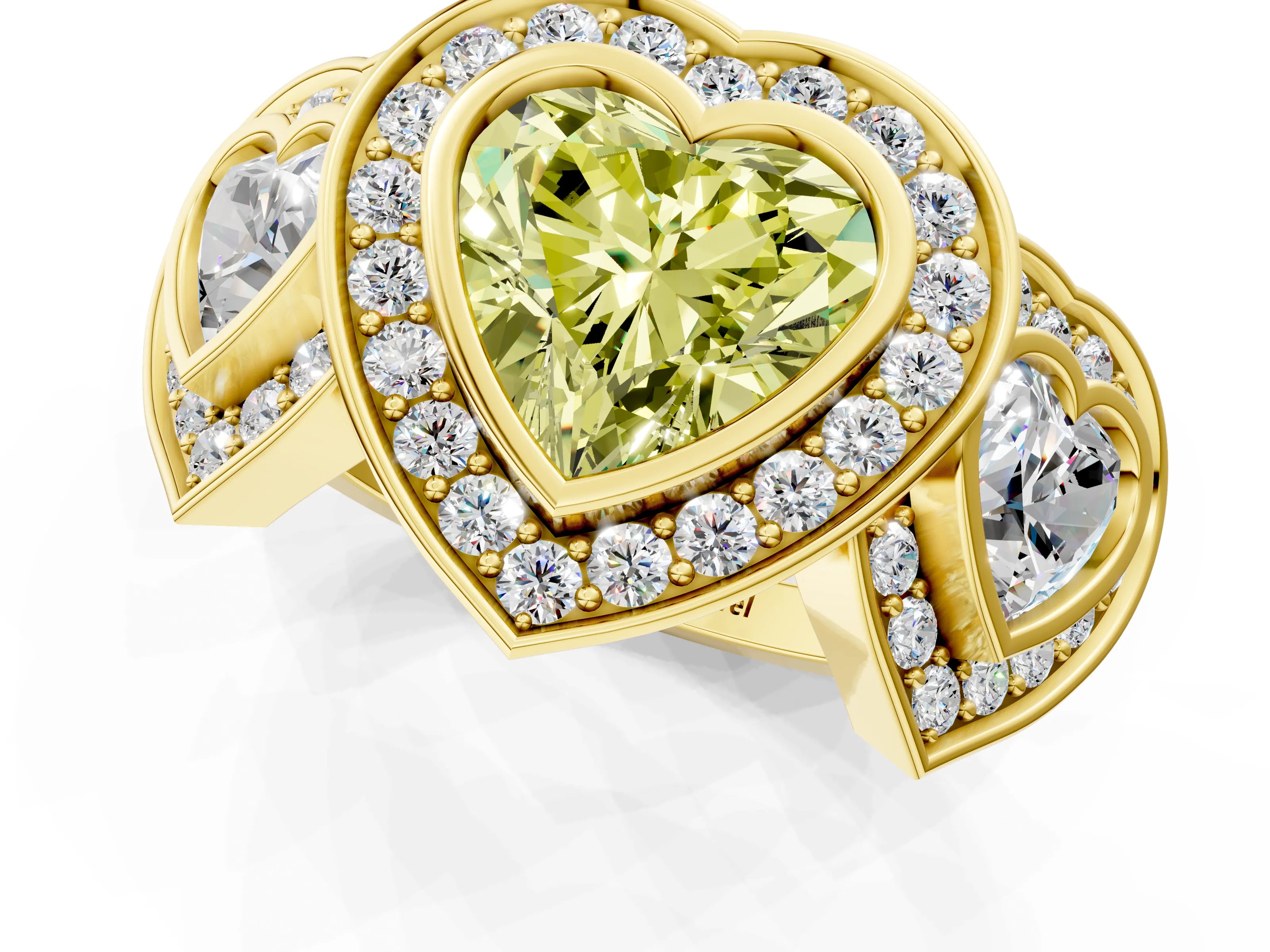 Yellow gold Three-Stone Fancy Yellow Heart Cut Halo Pavé Diamond Ring_1