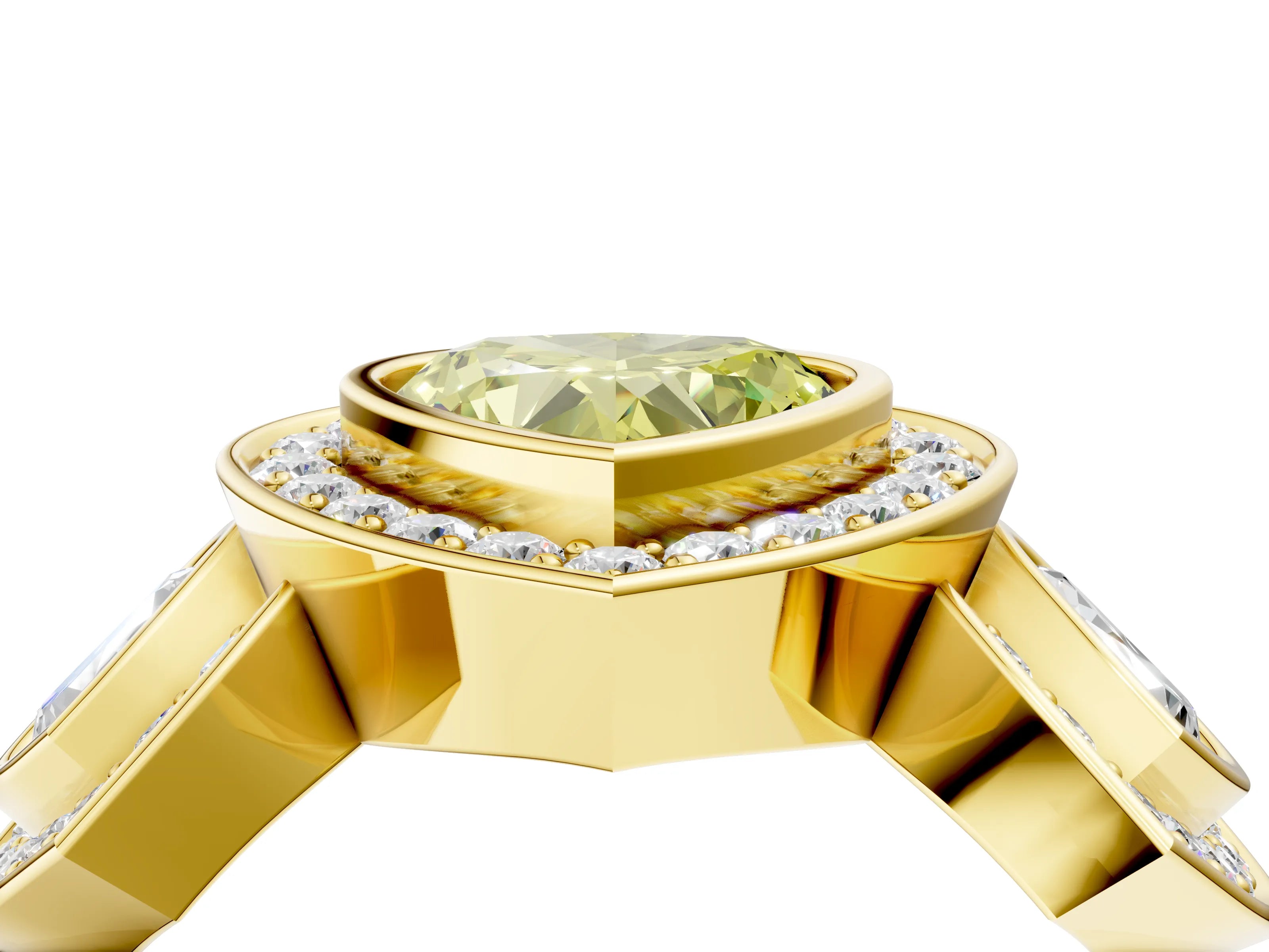 Yellow gold Three-Stone Fancy Yellow Heart Cut Halo Pavé Diamond Ring_4