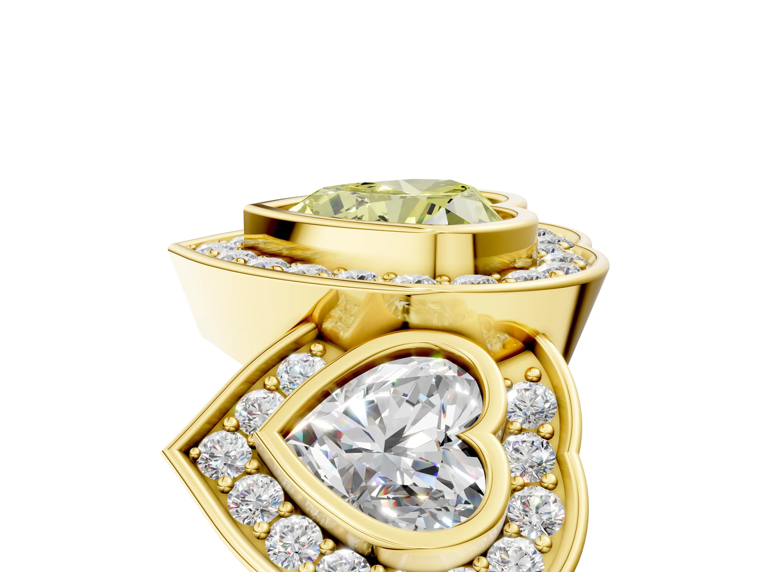 Yellow gold Three-Stone Fancy Yellow Heart Cut Halo Pavé Diamond Ring_5