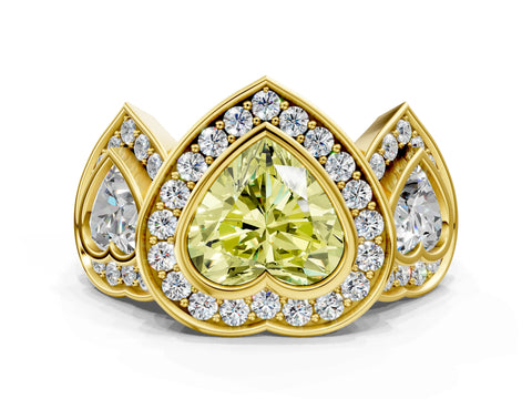 Yellow gold Three-Stone Fancy Yellow Heart Cut Halo Pavé Diamond Ring