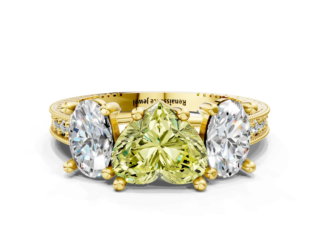 Yellow gold Three-Stone Fancy Yellow Heart  Diamond Milgrain Pave Band with Prong Setting 1