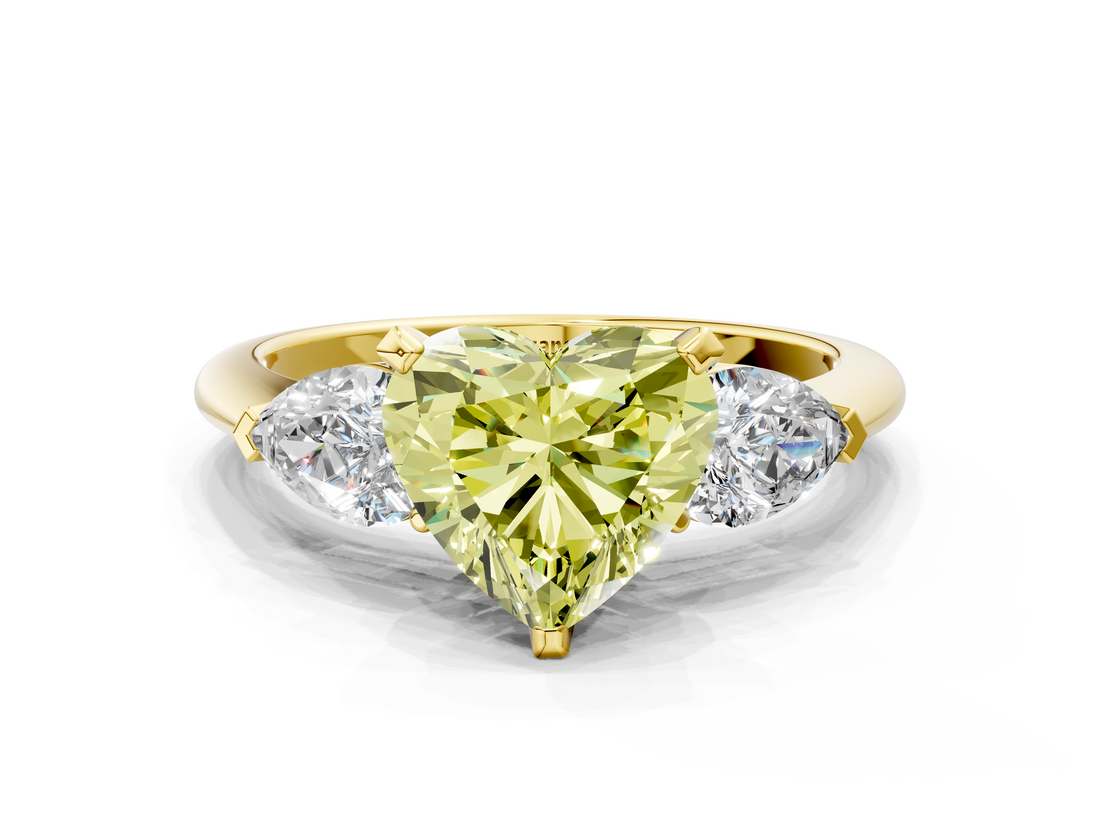 Yellow gold Three-Stone Fancy Yellow Heart  Diamond Ring with Pear Side Stones in Four-Prong Setting_46